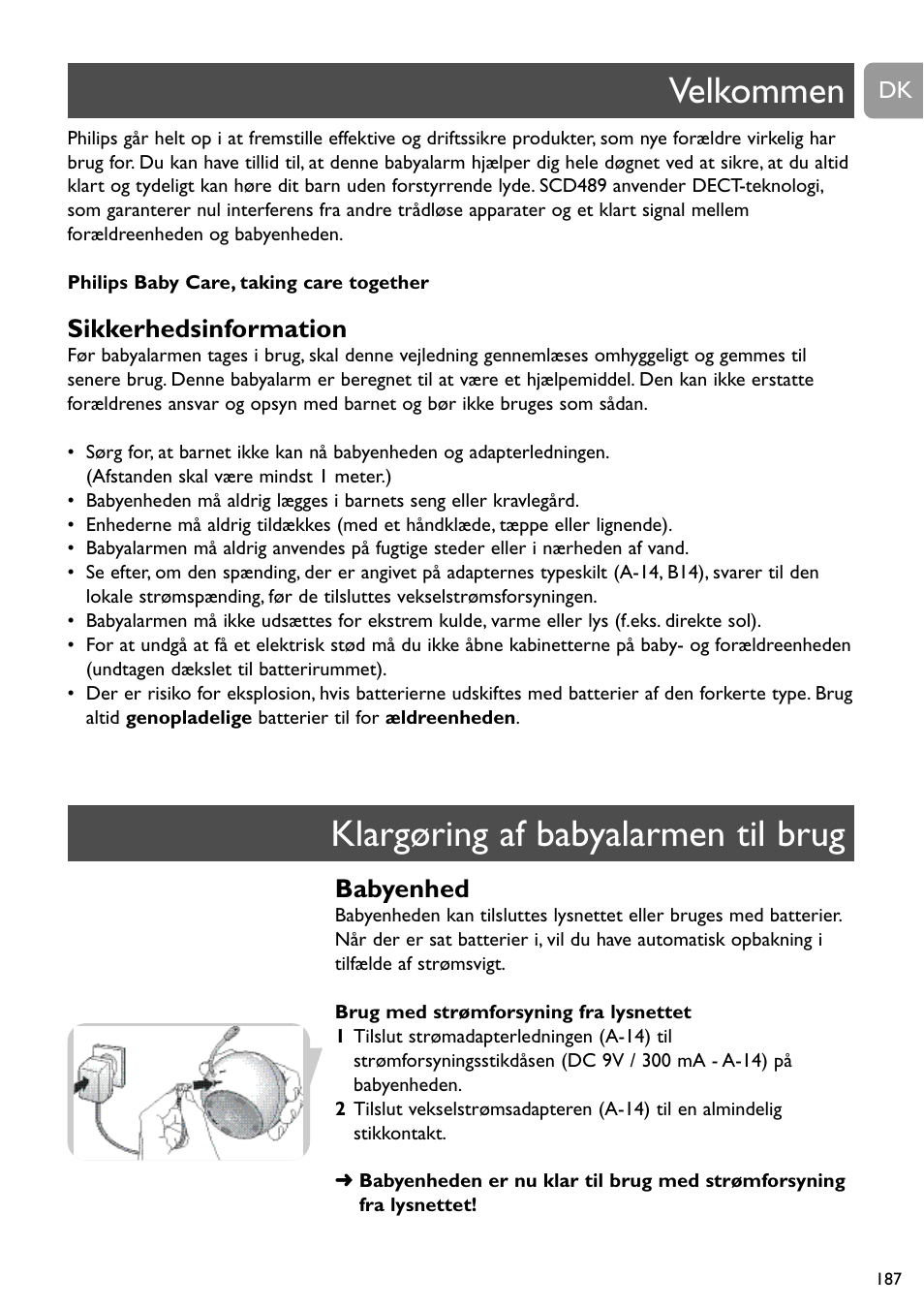 Velkommen klargøring af babyalarmen til brug, Sikkerhedsinformation, Babyenhed | Philips SCD489 User Manual | Page 187 / 244