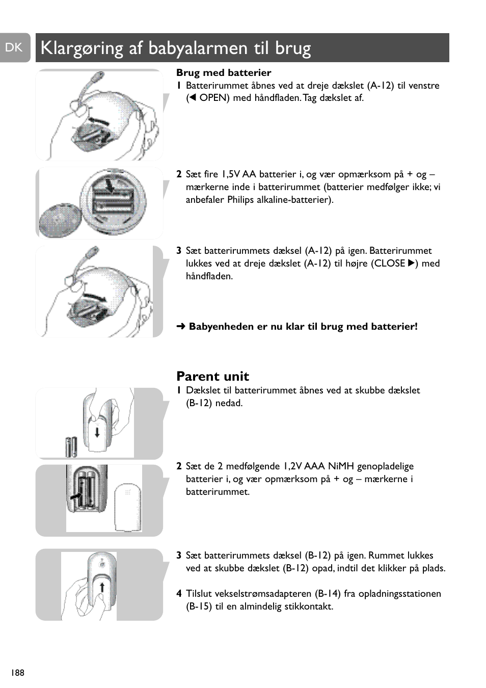 Klargøring af babyalarmen til brug, Parent unit | Philips SCD489 User Manual | Page 188 / 244