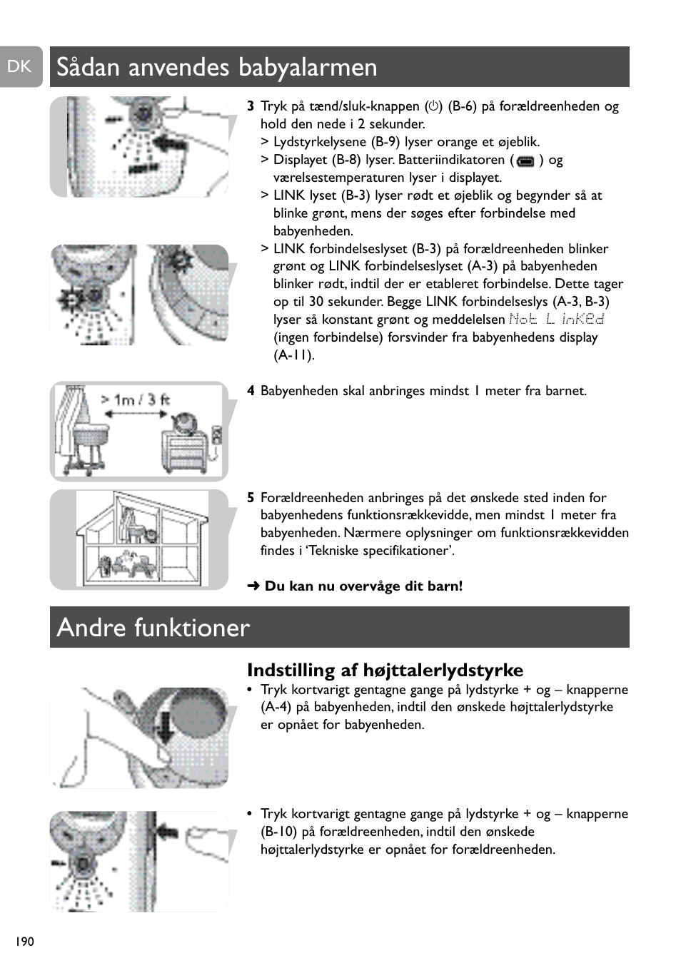 Sådan anvendes babyalarmen andre funktioner, Indstilling af højttalerlydstyrke | Philips SCD489 User Manual | Page 190 / 244