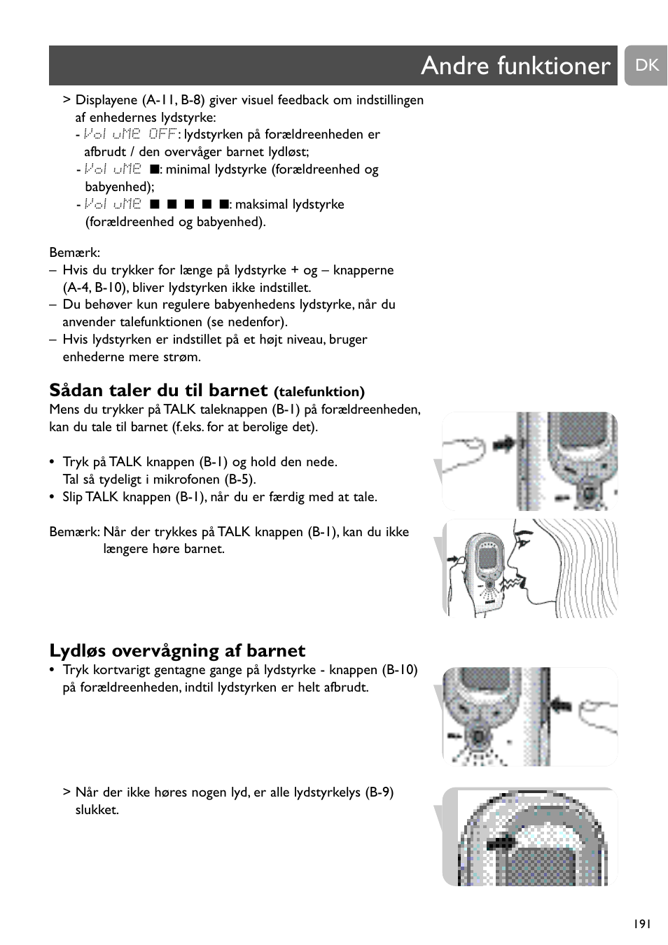 Andre funktioner, Sådan taler du til barnet, Lydløs overvågning af barnet | Philips SCD489 User Manual | Page 191 / 244