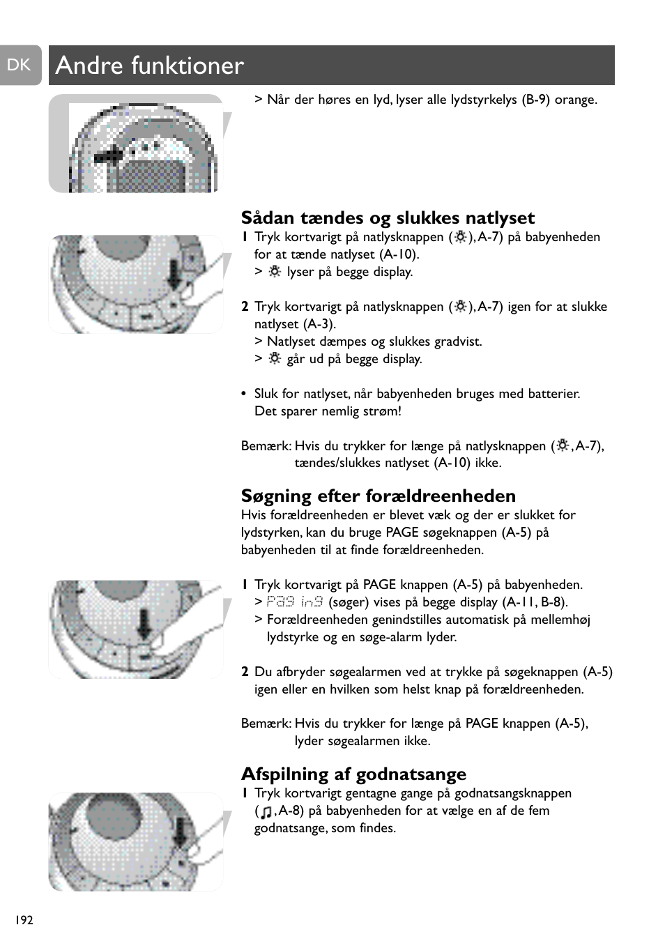 Andre funktioner, Sådan tændes og slukkes natlyset, Søgning efter forældreenheden | Afspilning af godnatsange | Philips SCD489 User Manual | Page 192 / 244