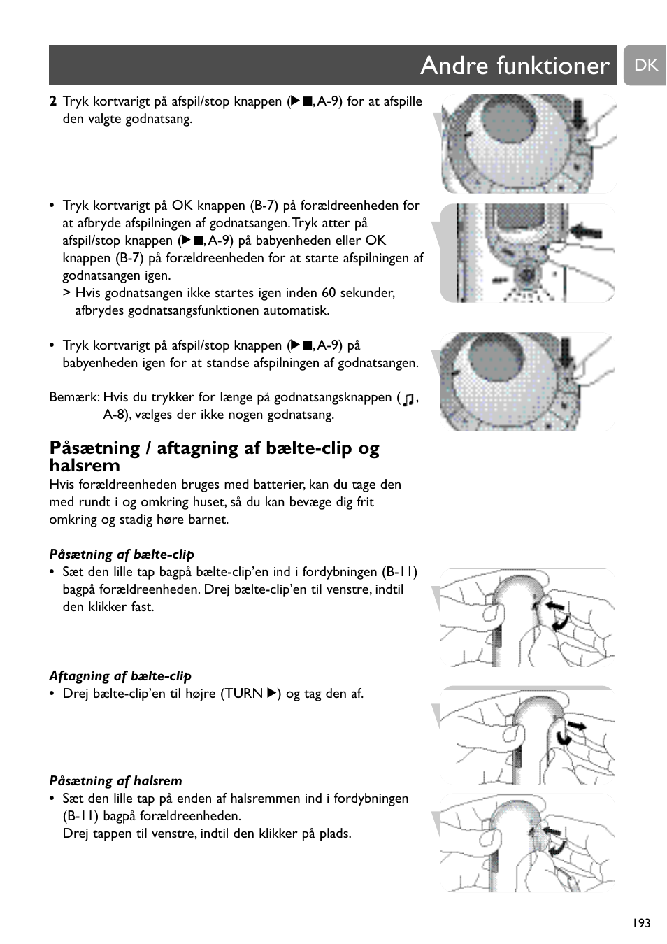 Andre funktioner, Påsætning / aftagning af bælte-clip og halsrem | Philips SCD489 User Manual | Page 193 / 244