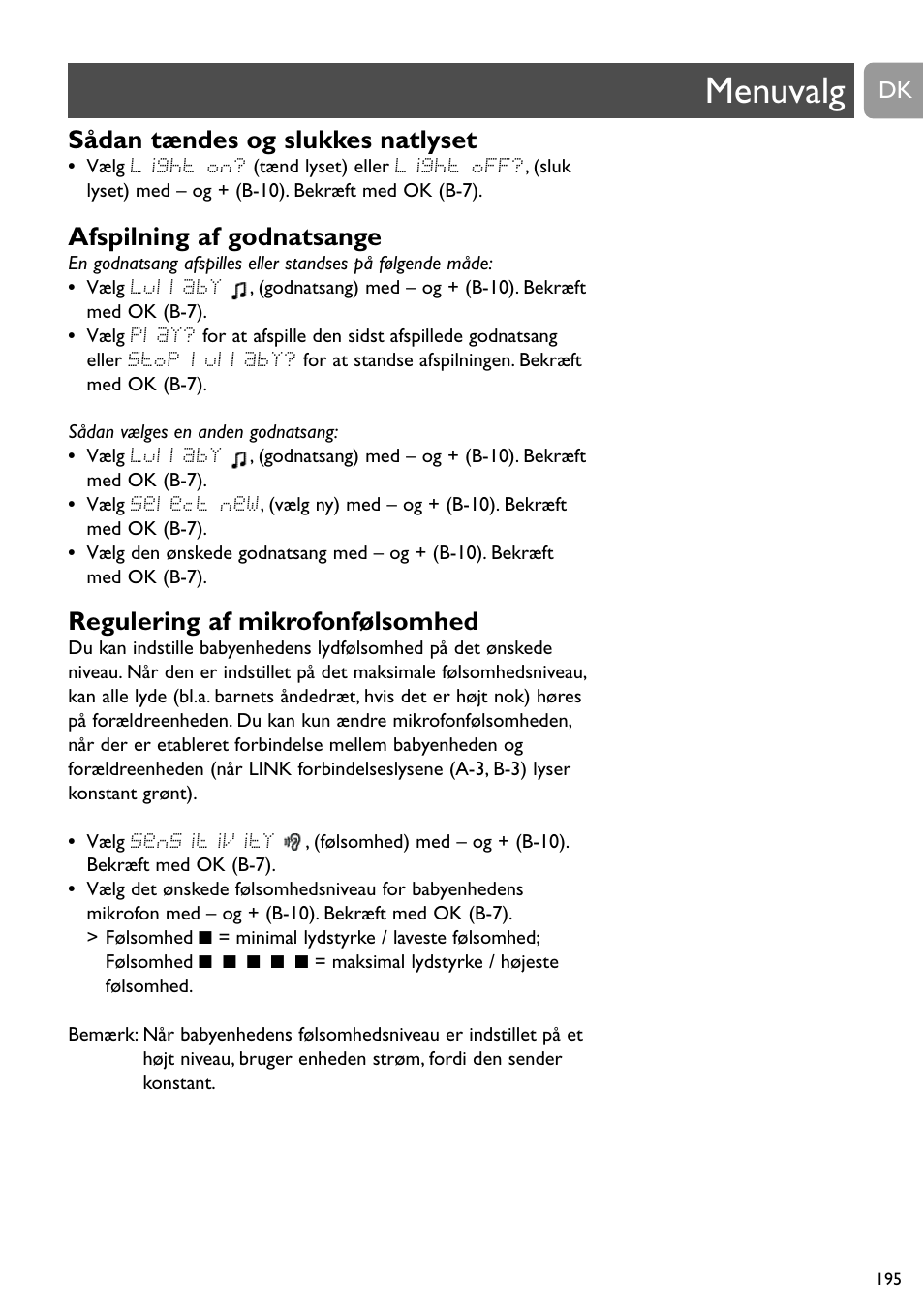 Menuvalg, Sådan tændes og slukkes natlyset, Afspilning af godnatsange | Regulering af mikrofonfølsomhed | Philips SCD489 User Manual | Page 195 / 244