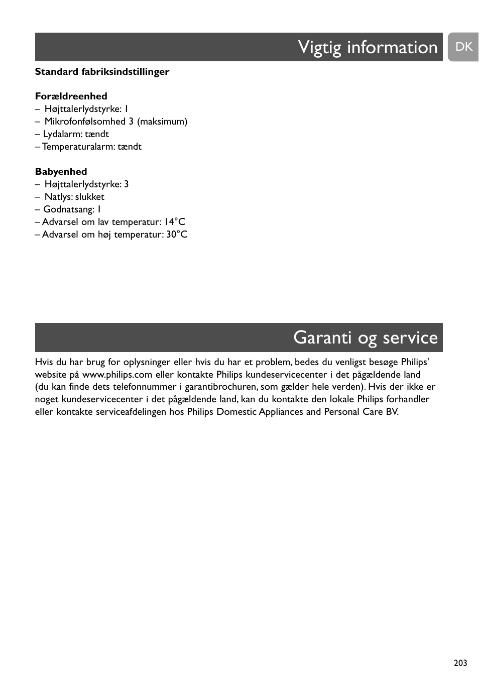 Vigtig information garanti og service | Philips SCD489 User Manual | Page 203 / 244