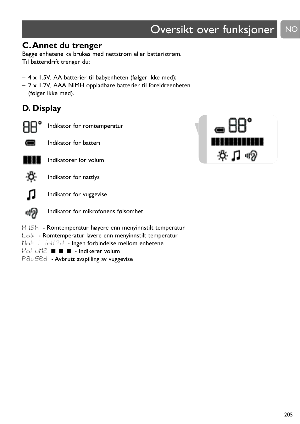 Oversikt over funksjoner, C. annet du trenger, D. display | Philips SCD489 User Manual | Page 205 / 244