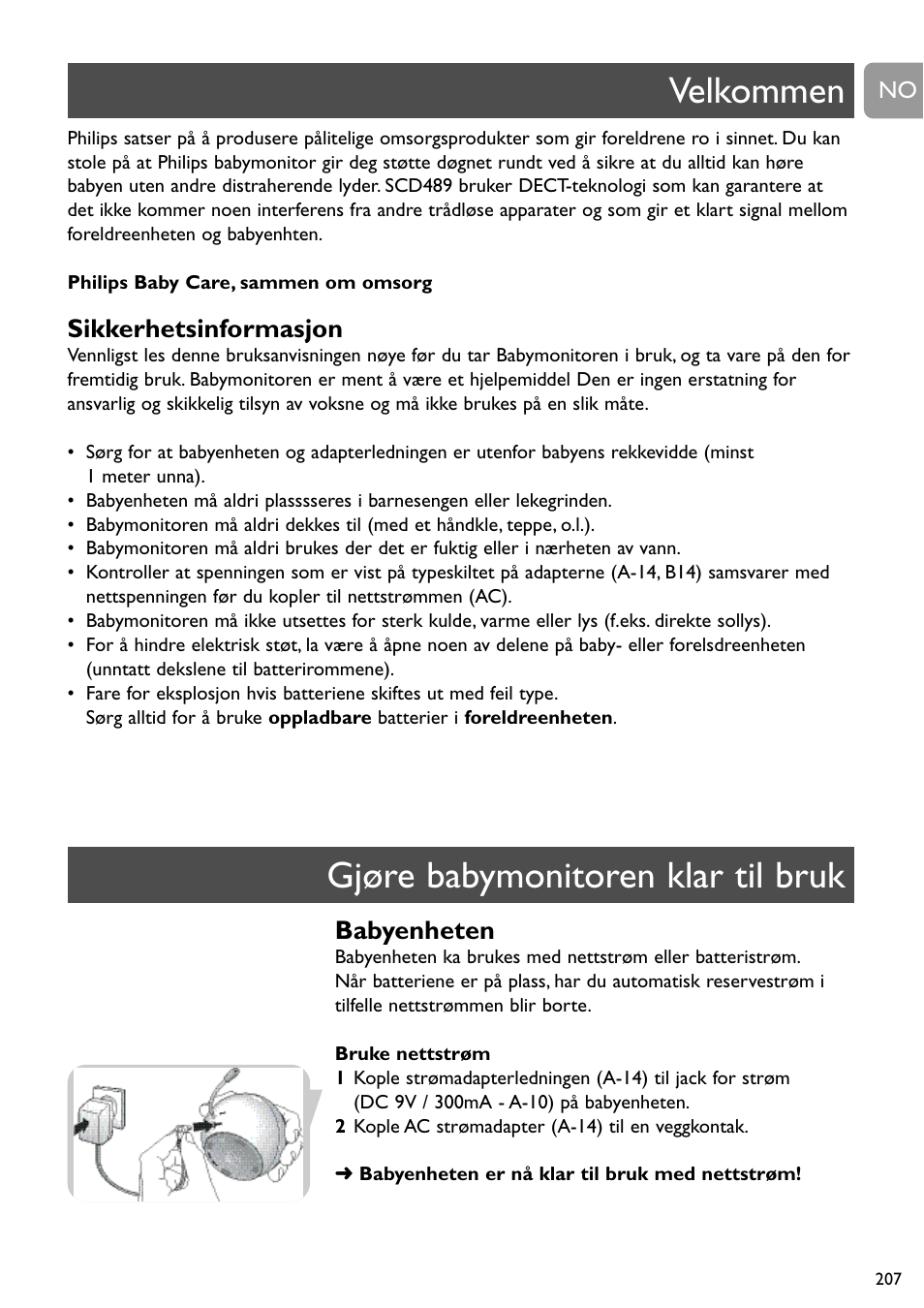 Velkommen gjøre babymonitoren klar til bruk, Sikkerhetsinformasjon, Babyenheten | Philips SCD489 User Manual | Page 207 / 244