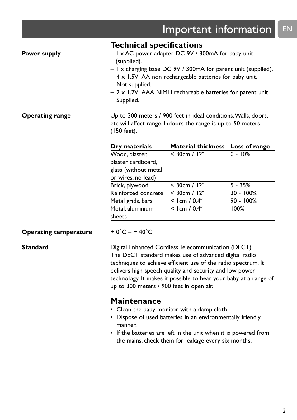 Important information, Technical specifications, Maintenance | Philips SCD489 User Manual | Page 21 / 244