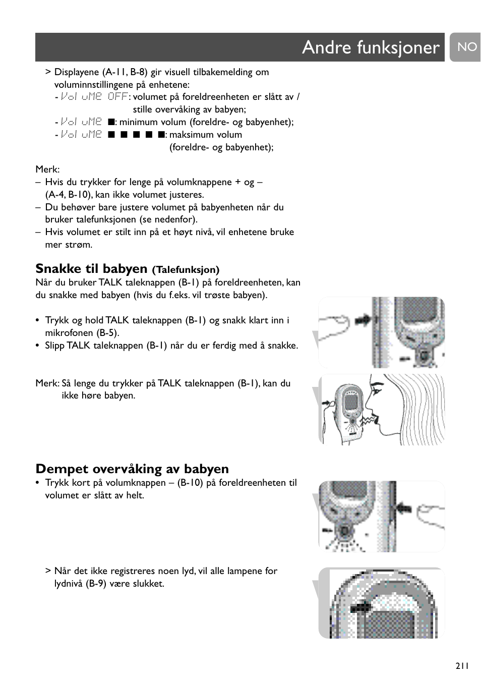 Andre funksjoner, Snakke til babyen, Dempet overvåking av babyen | Philips SCD489 User Manual | Page 211 / 244