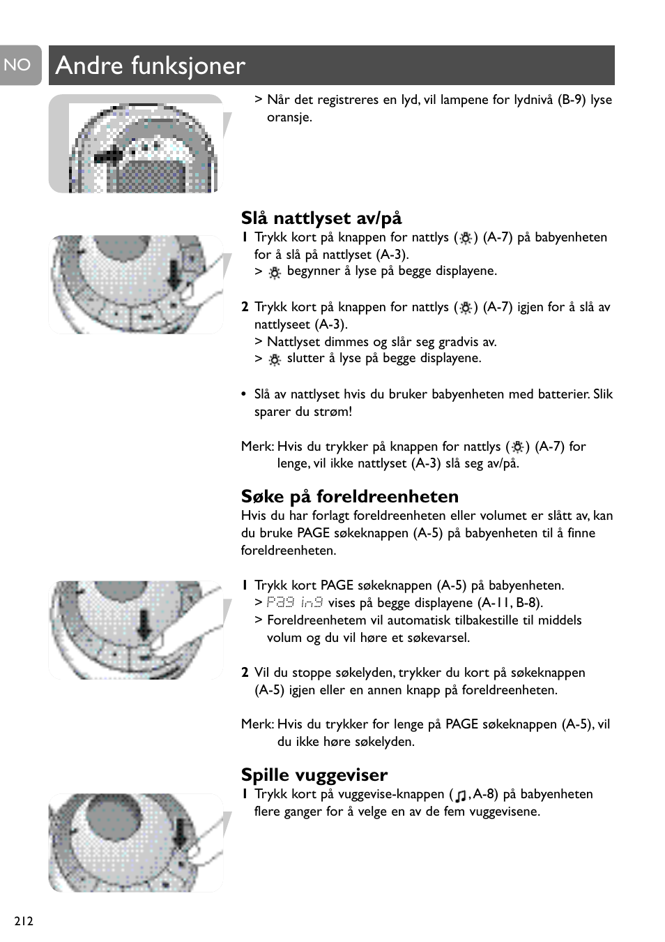 Andre funksjoner, Slå nattlyset av/på, Søke på foreldreenheten | Spille vuggeviser | Philips SCD489 User Manual | Page 212 / 244