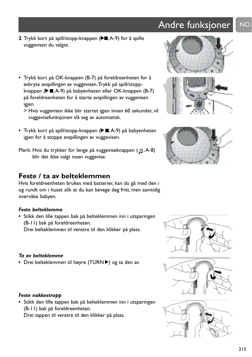 Andre funksjoner, Feste / ta av belteklemmen | Philips SCD489 User Manual | Page 213 / 244