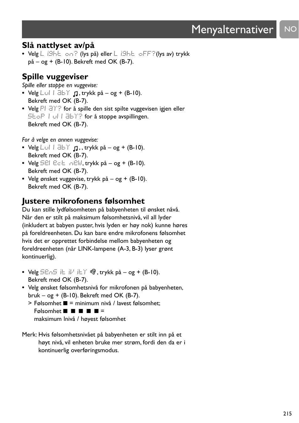 Menyalternativer, Slå nattlyset av/på, Spille vuggeviser | Justere mikrofonens følsomhet | Philips SCD489 User Manual | Page 215 / 244