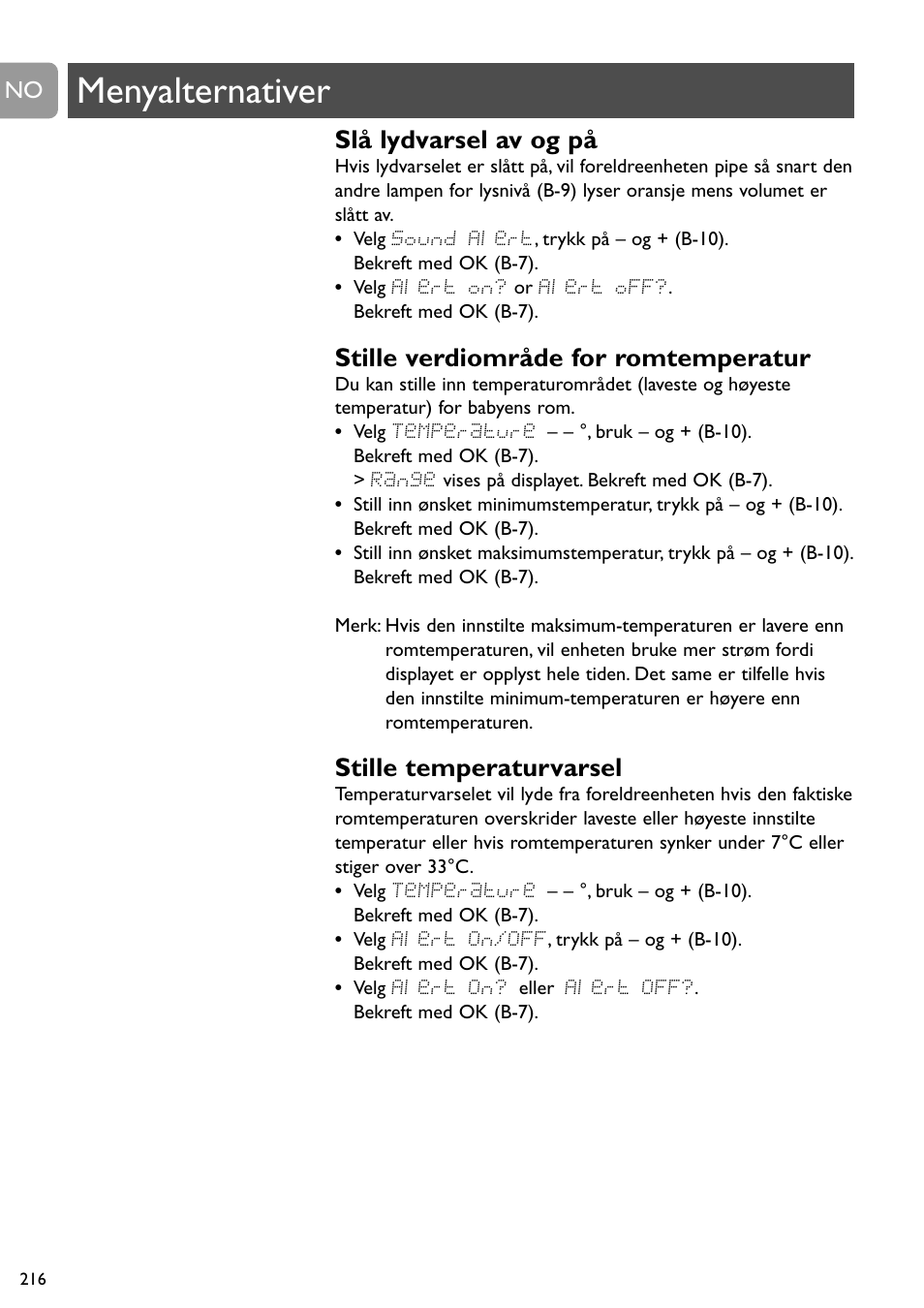 Menyalternativer, Slå lydvarsel av og på, Stille verdiområde for romtemperatur | Stille temperaturvarsel | Philips SCD489 User Manual | Page 216 / 244