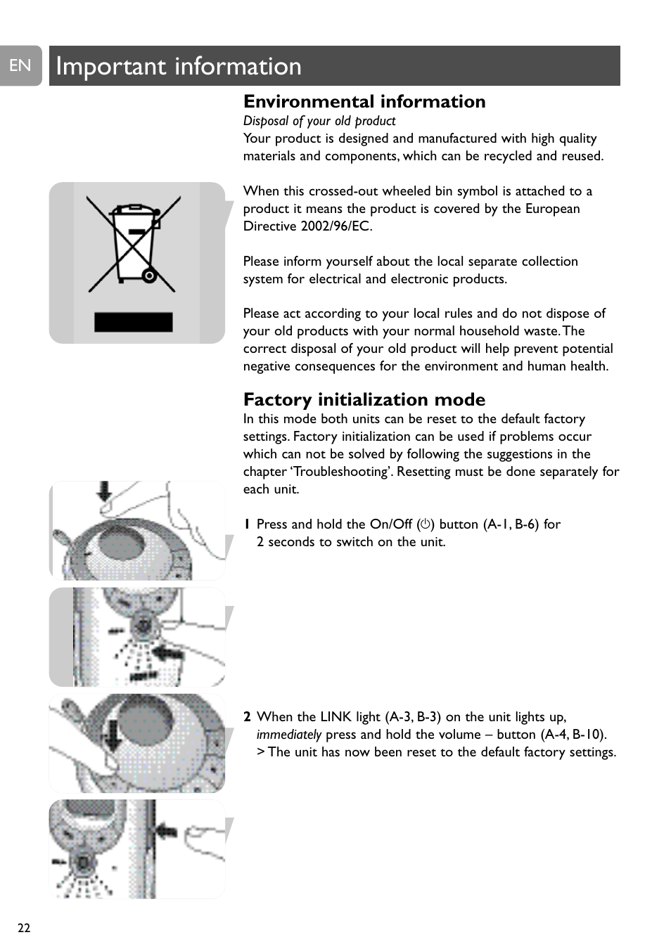 Important information, Environmental information, Factory initialization mode | Philips SCD489 User Manual | Page 22 / 244