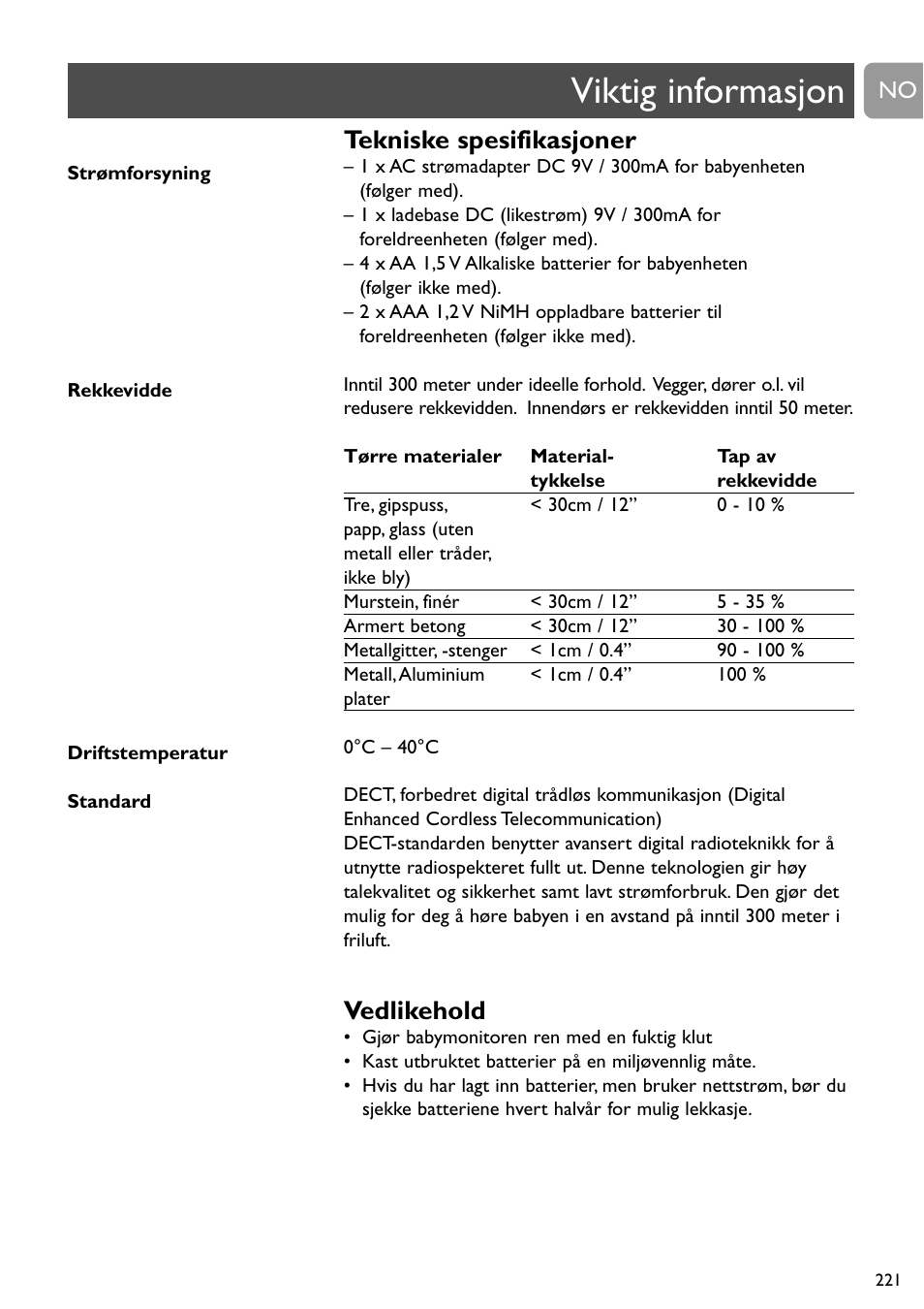 Viktig informasjon, Tekniske spesifikasjoner, Vedlikehold | Philips SCD489 User Manual | Page 221 / 244