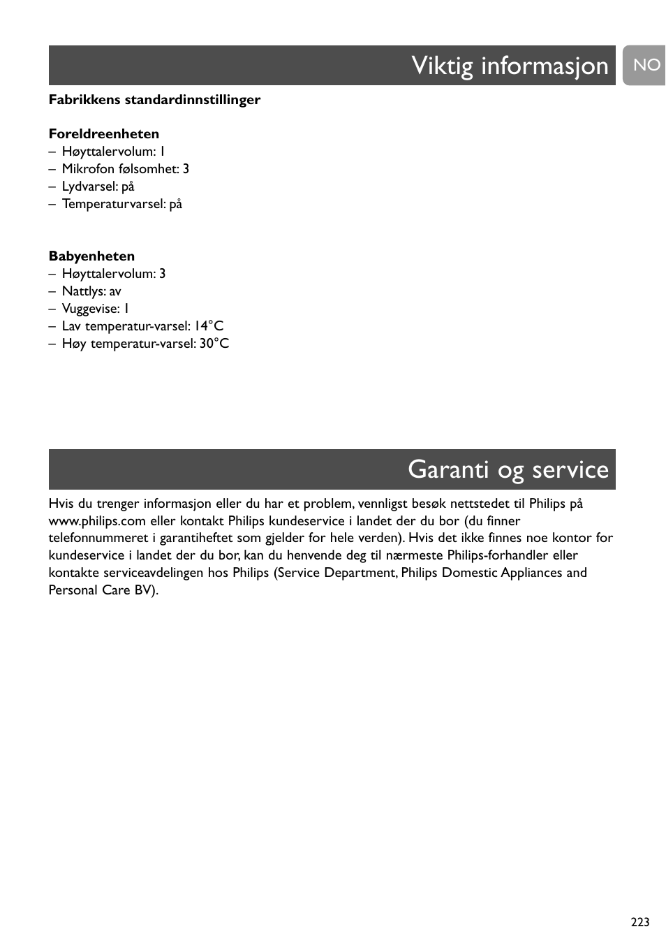 Viktig informasjon garanti og service | Philips SCD489 User Manual | Page 223 / 244