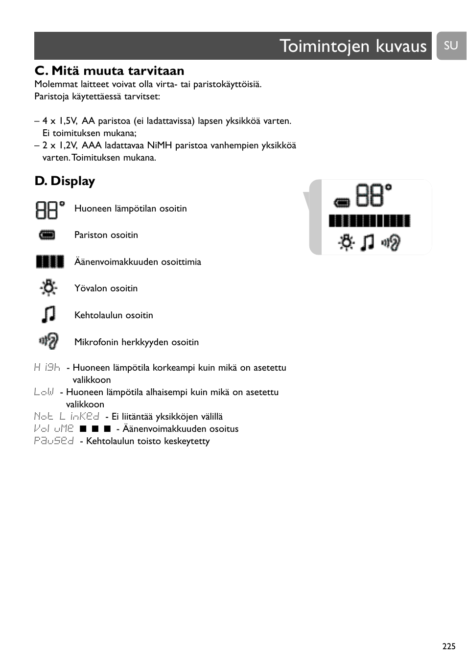 Toimintojen kuvaus, C. mitä muuta tarvitaan, D. display | Philips SCD489 User Manual | Page 225 / 244