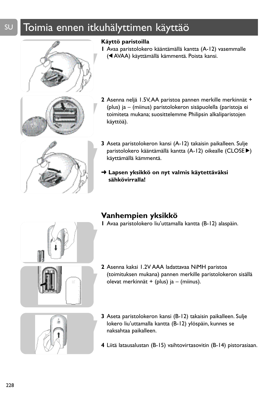 Toimia ennen itkuhälyttimen käyttäö, Vanhempien yksikkö | Philips SCD489 User Manual | Page 228 / 244