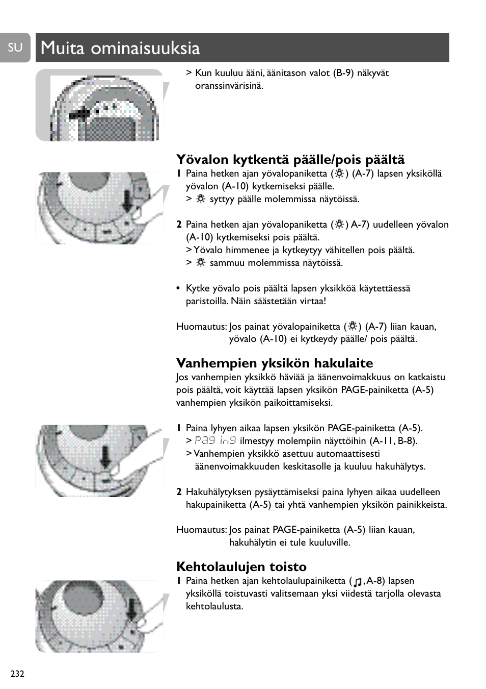 Muita ominaisuuksia, Yövalon kytkentä päälle/pois päältä, Vanhempien yksikön hakulaite | Kehtolaulujen toisto | Philips SCD489 User Manual | Page 232 / 244