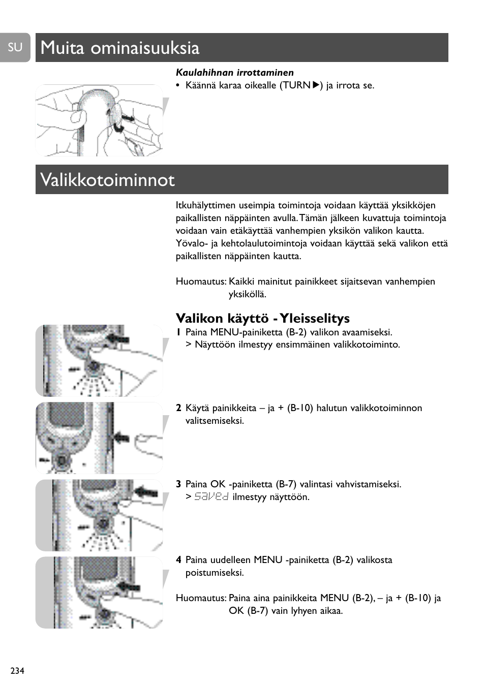 Muita ominaisuuksia valikkotoiminnot, Valikon käyttö - yleisselitys | Philips SCD489 User Manual | Page 234 / 244
