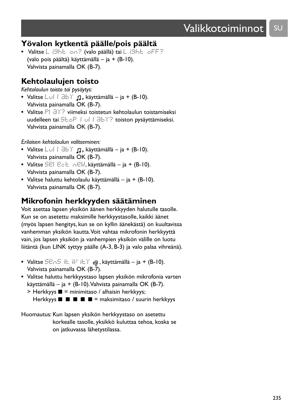 Valikkotoiminnot, Yövalon kytkentä päälle/pois päältä, Kehtolaulujen toisto | Mikrofonin herkkyyden säätäminen | Philips SCD489 User Manual | Page 235 / 244