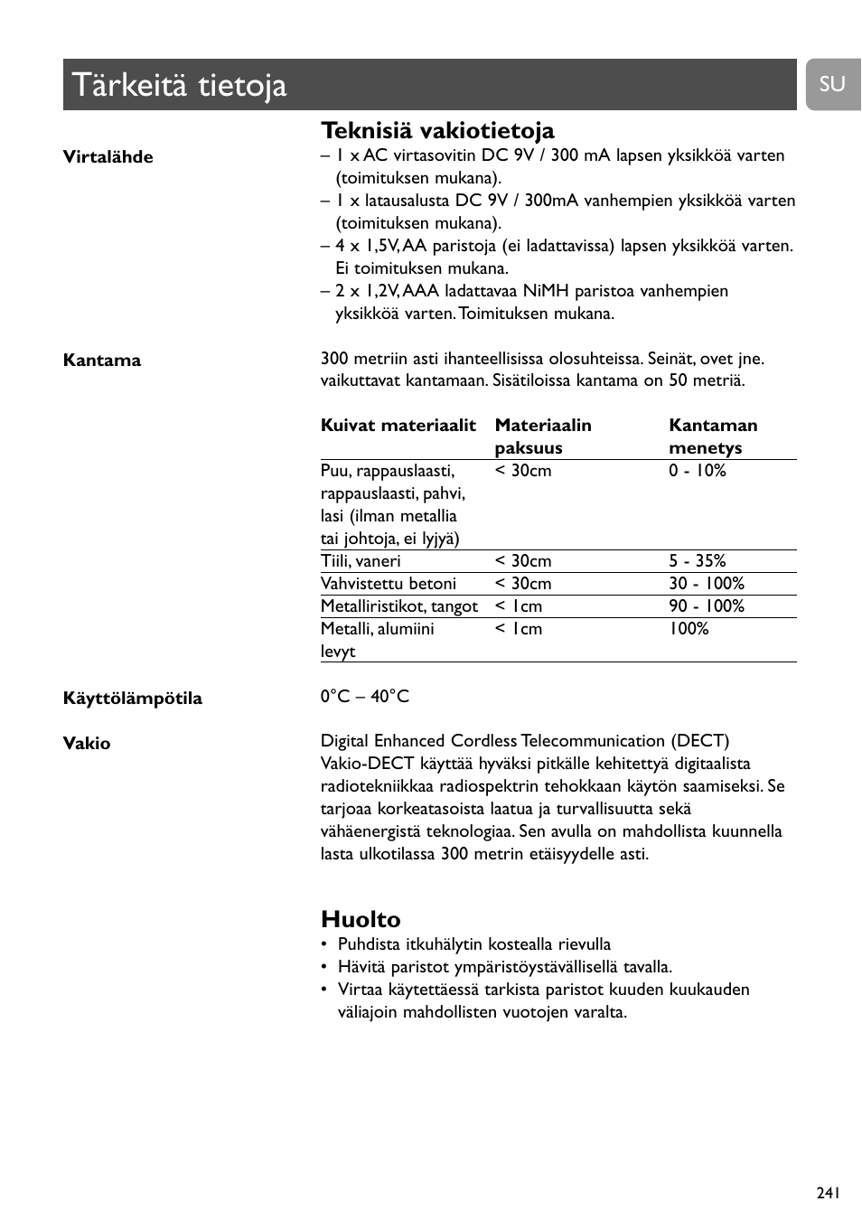 Tärkeitä tietoja, Teknisiä vakiotietoja, Huolto | Philips SCD489 User Manual | Page 241 / 244