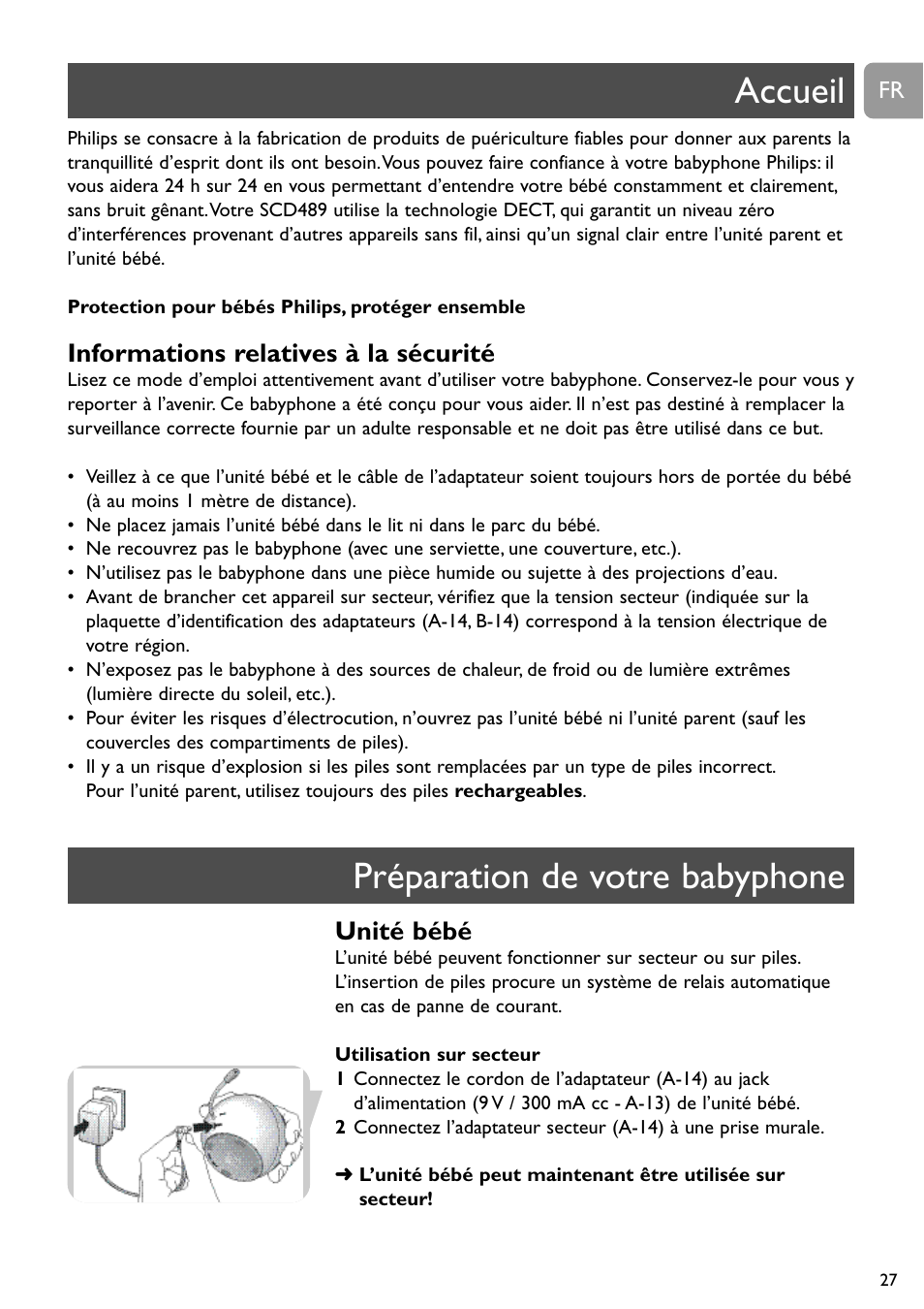 Accueil préparation de votre babyphone, Informations relatives à la sécurité, Unité bébé | Philips SCD489 User Manual | Page 27 / 244