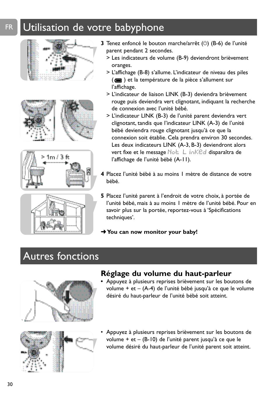 Utilisation de votre babyphone autres fonctions, Réglage du volume du haut-parleur | Philips SCD489 User Manual | Page 30 / 244