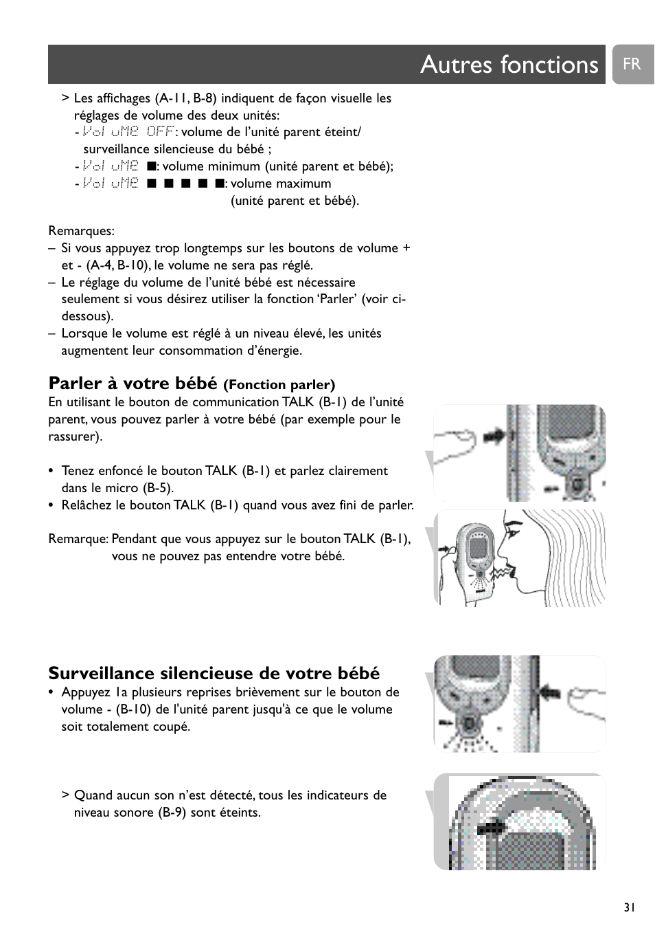 Autres fonctions, Parler à votre bébé, Surveillance silencieuse de votre bébé | Philips SCD489 User Manual | Page 31 / 244