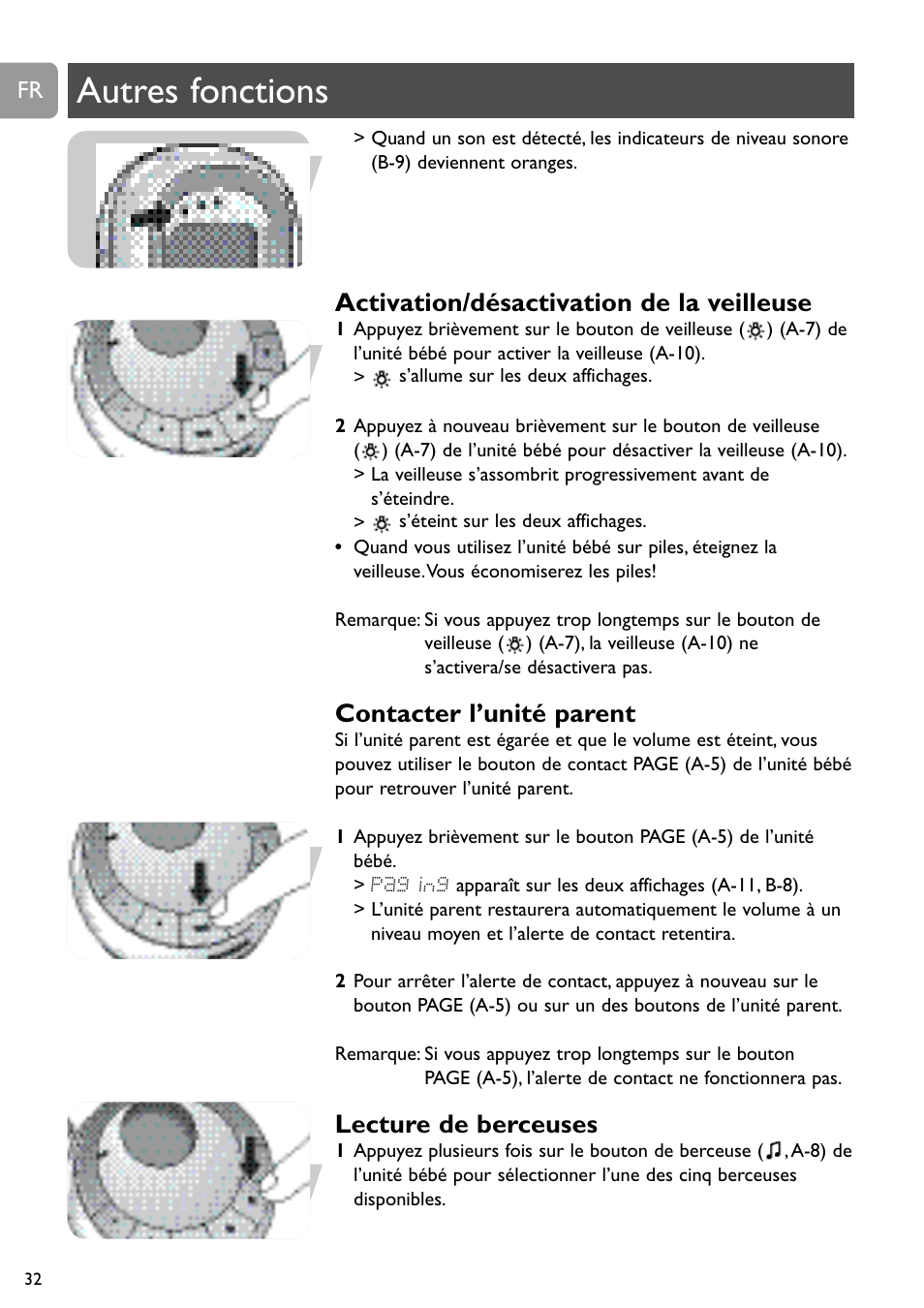 Autres fonctions, Activation/désactivation de la veilleuse, Contacter l’unité parent | Lecture de berceuses | Philips SCD489 User Manual | Page 32 / 244