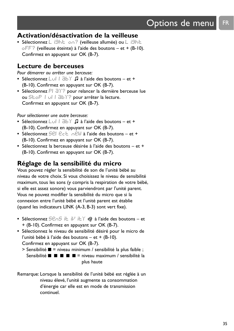 Options de menu, Activation/désactivation de la veilleuse, Lecture de berceuses | Réglage de la sensibilité du micro | Philips SCD489 User Manual | Page 35 / 244