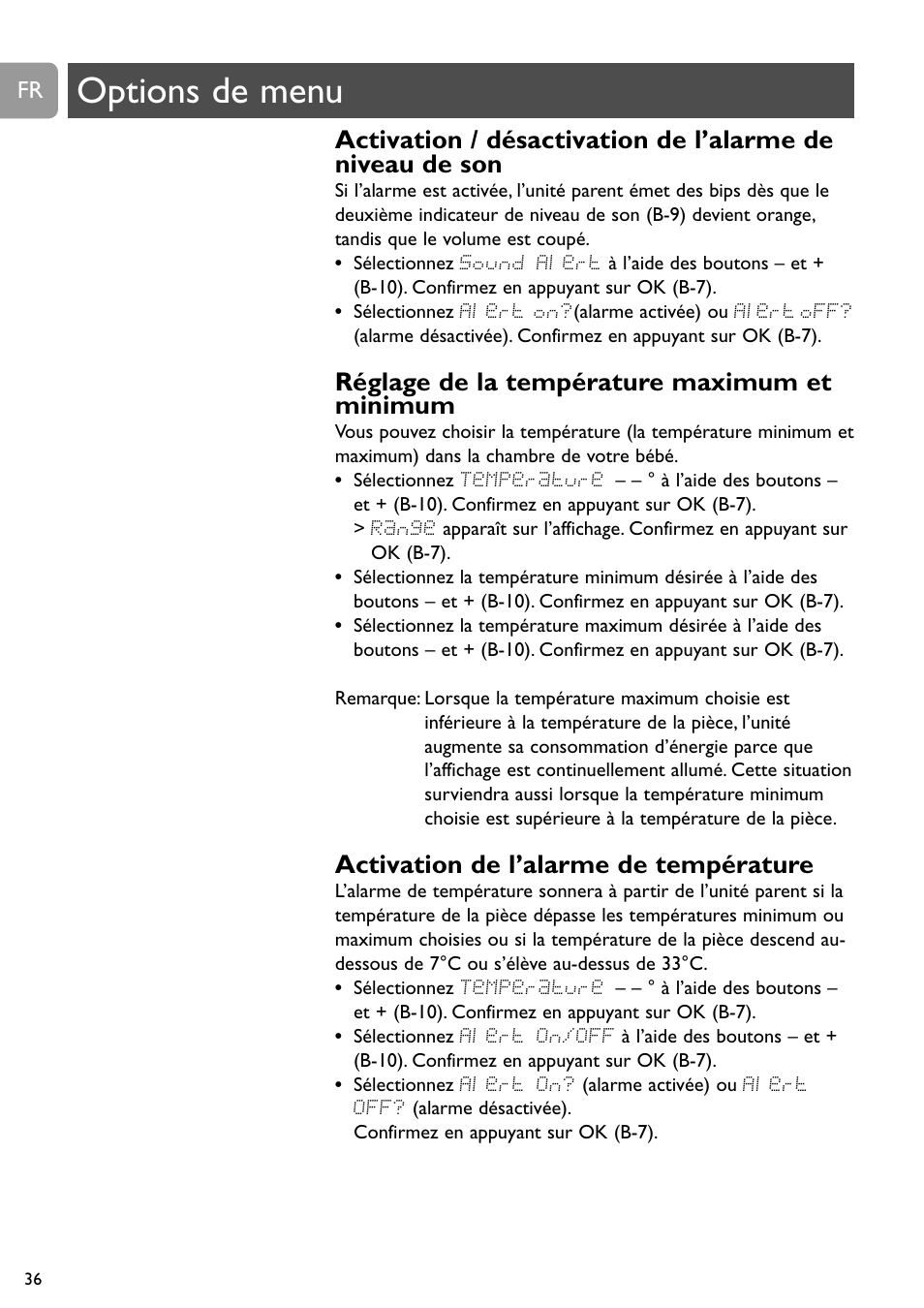 Options de menu, Réglage de la température maximum et minimum, Activation de l’alarme de température | Philips SCD489 User Manual | Page 36 / 244