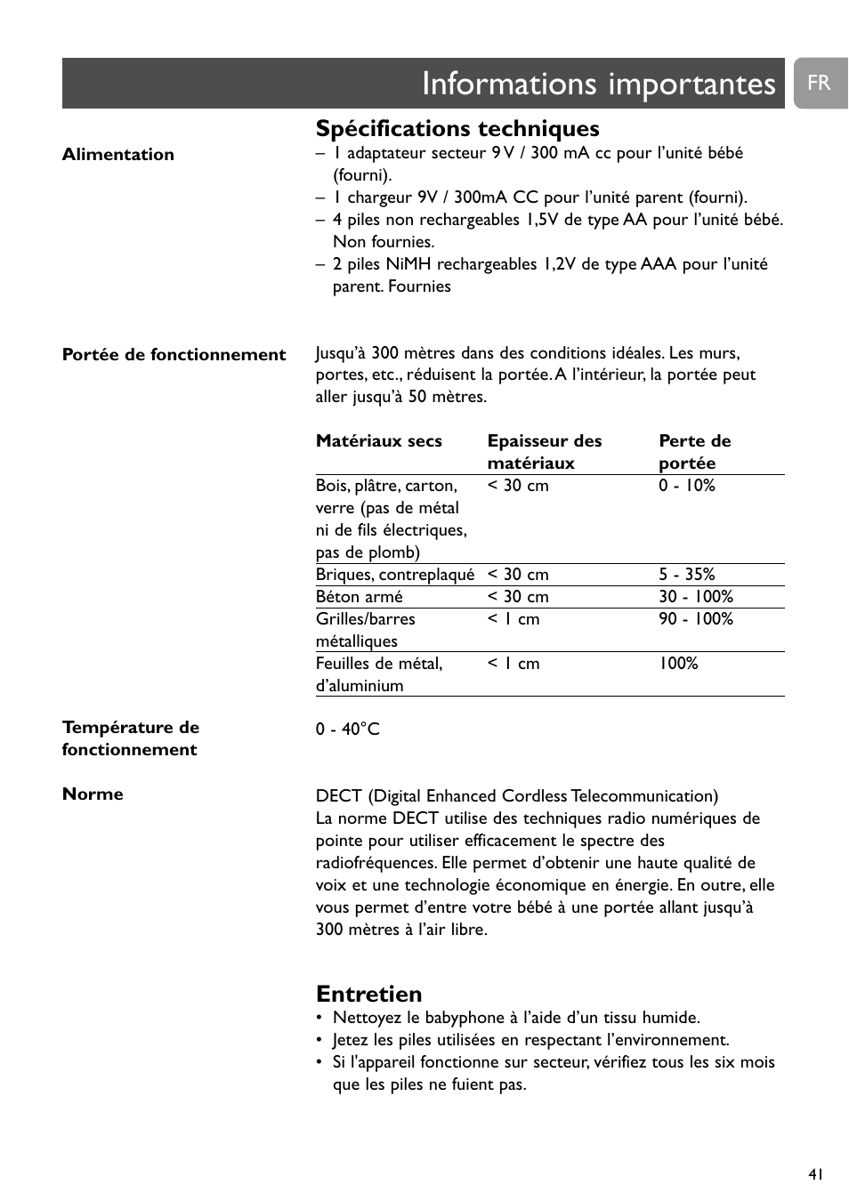 Informations importantes, Spécifications techniques, Entretien | Philips SCD489 User Manual | Page 41 / 244