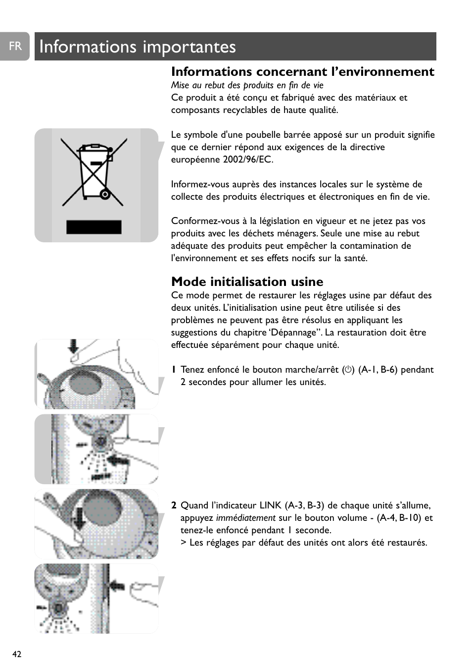 Informations importantes, Informations concernant l’environnement, Mode initialisation usine | Philips SCD489 User Manual | Page 42 / 244