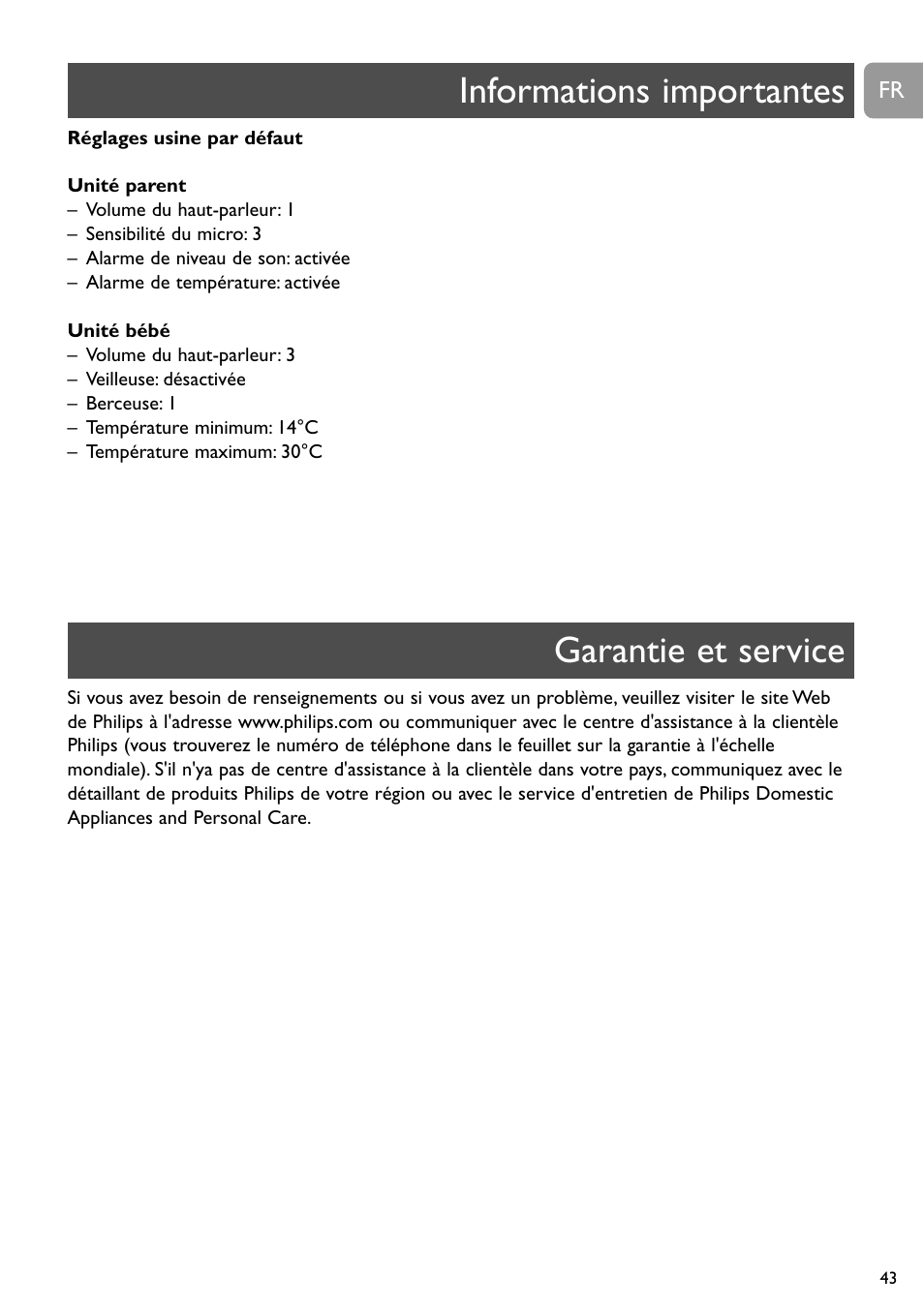 Informations importantes garantie et service | Philips SCD489 User Manual | Page 43 / 244