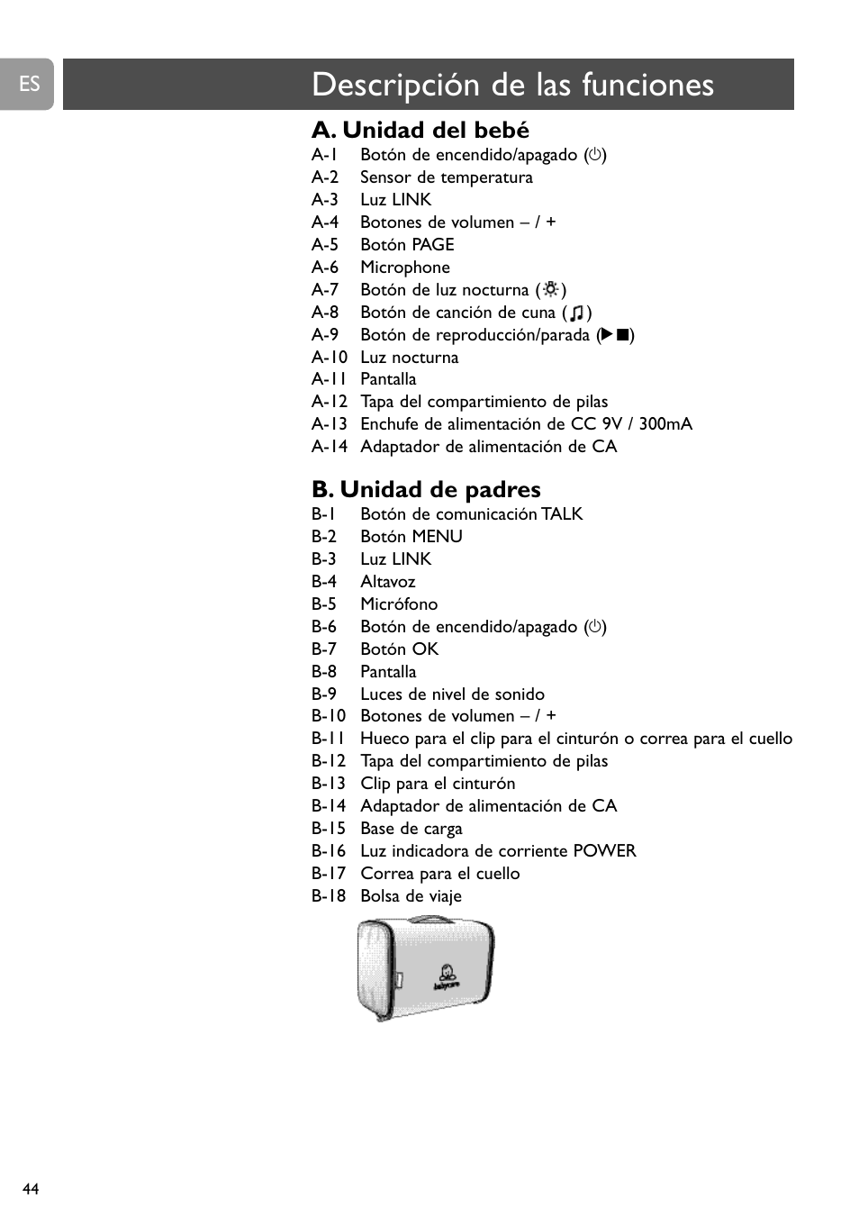 Descripción de las funciones, A. unidad del bebé, B. unidad de padres | Philips SCD489 User Manual | Page 44 / 244