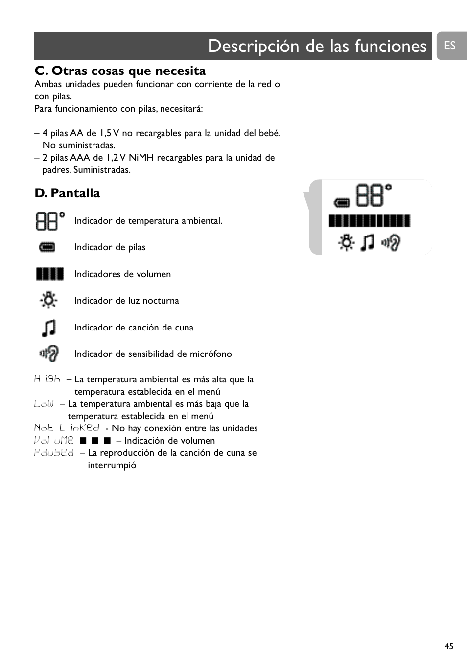 Descripción de las funciones, C. otras cosas que necesita, D. pantalla | Philips SCD489 User Manual | Page 45 / 244