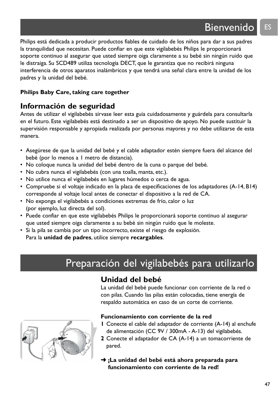 Información de seguridad, Unidad del bebé | Philips SCD489 User Manual | Page 47 / 244