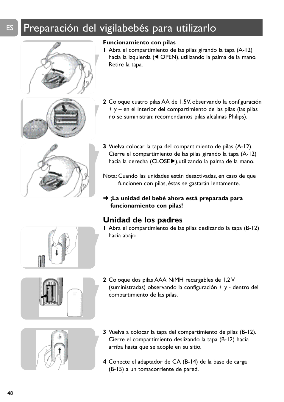 Preparación del vigilabebés para utilizarlo, Unidad de los padres | Philips SCD489 User Manual | Page 48 / 244