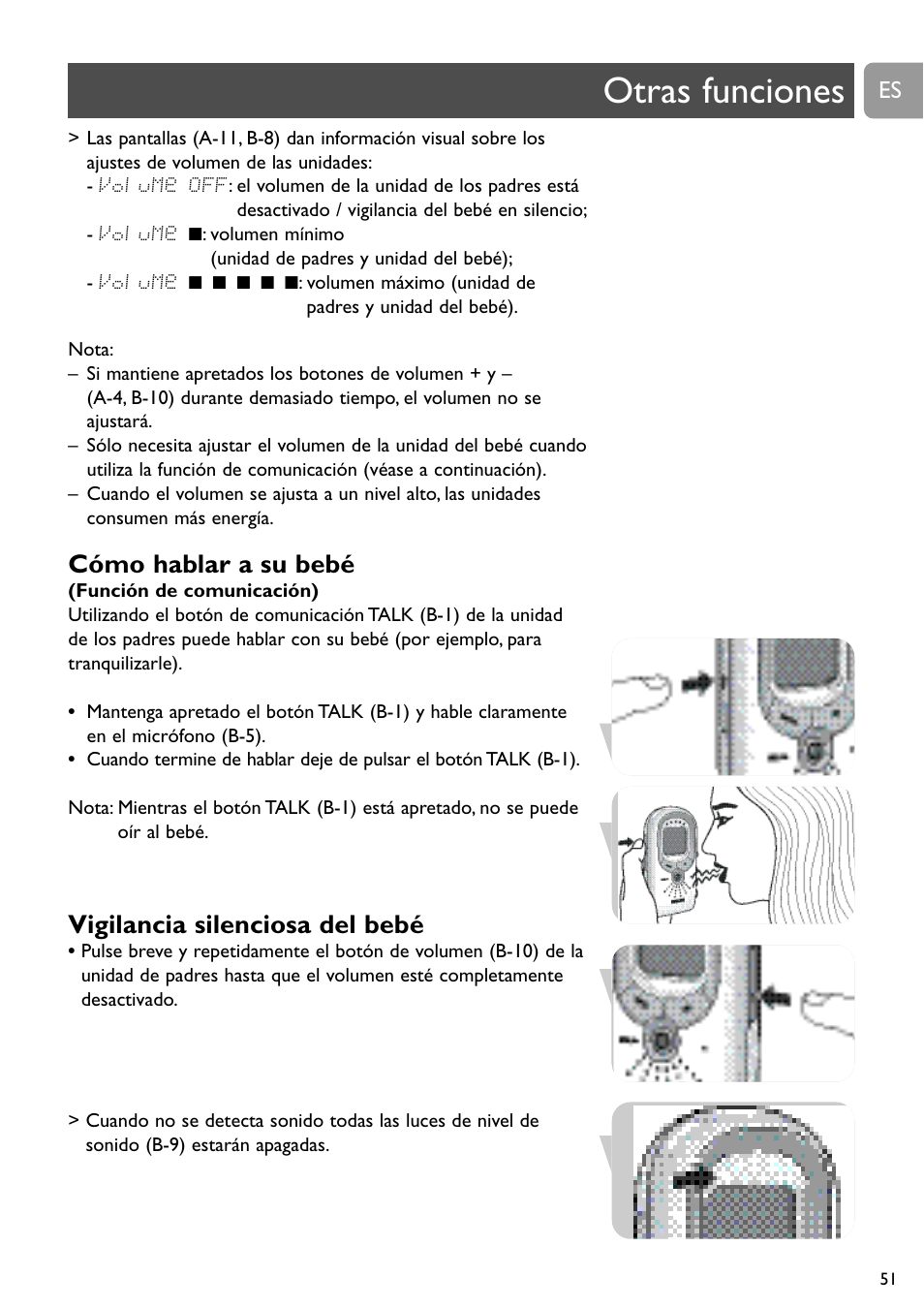 Otras funciones, Cómo hablar a su bebé, Vigilancia silenciosa del bebé | Philips SCD489 User Manual | Page 51 / 244