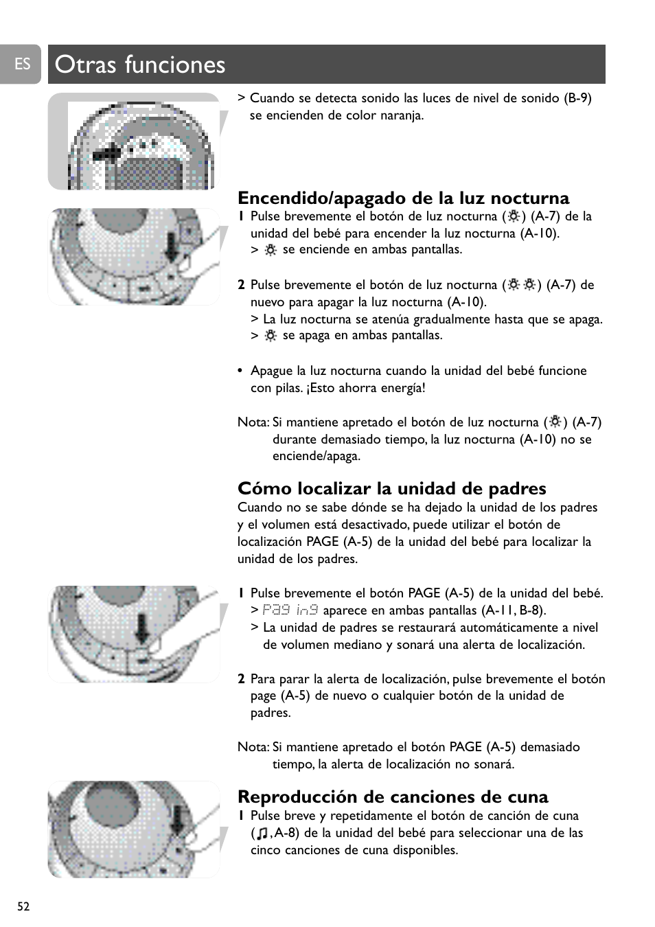 Otras funciones, Encendido/apagado de la luz nocturna, Cómo localizar la unidad de padres | Reproducción de canciones de cuna | Philips SCD489 User Manual | Page 52 / 244