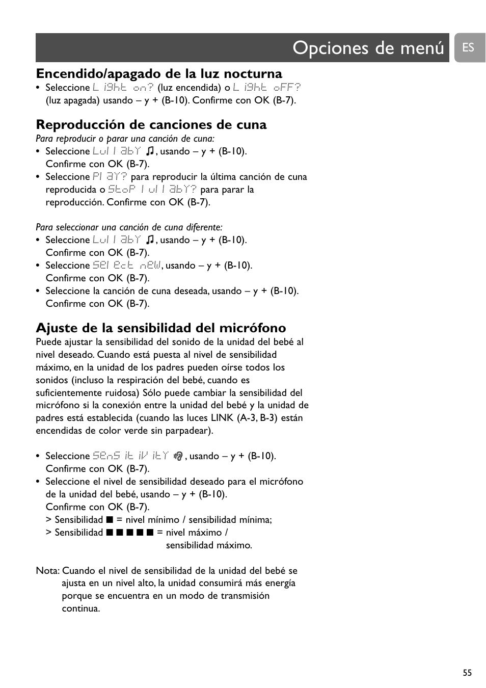 Opciones de menú, Encendido/apagado de la luz nocturna, Reproducción de canciones de cuna | Ajuste de la sensibilidad del micrófono | Philips SCD489 User Manual | Page 55 / 244