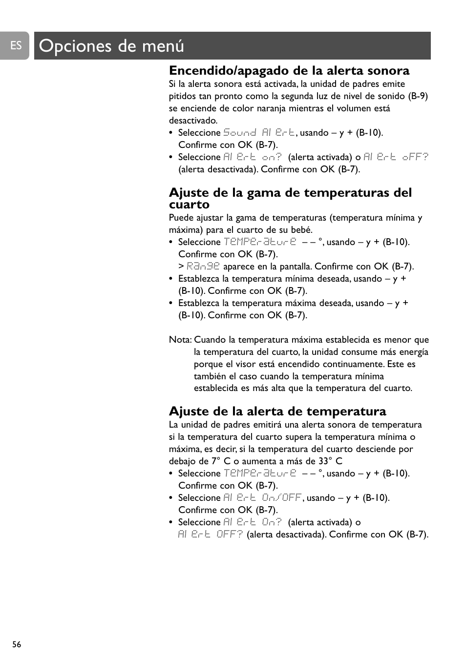 Opciones de menú, Encendido/apagado de la alerta sonora, Ajuste de la gama de temperaturas del cuarto | Ajuste de la alerta de temperatura | Philips SCD489 User Manual | Page 56 / 244