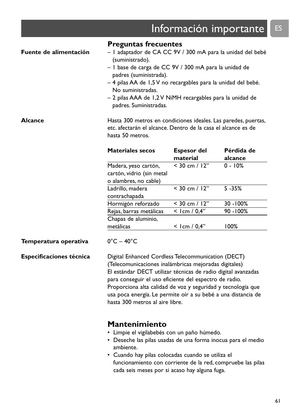 Información importante, Mantenimiento | Philips SCD489 User Manual | Page 61 / 244