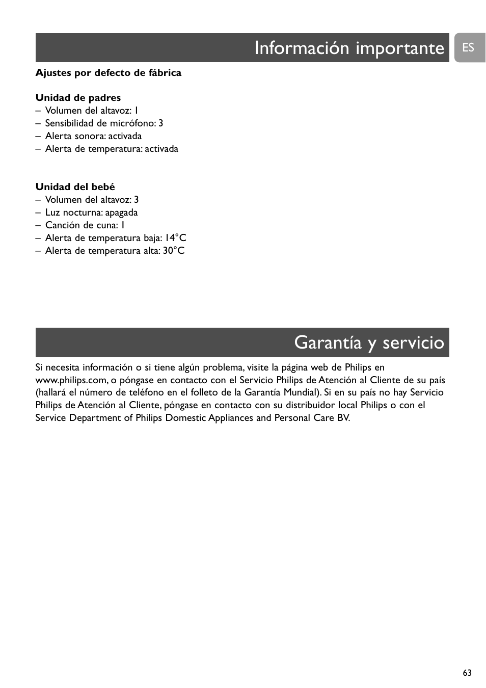 Información importante garantía y servicio | Philips SCD489 User Manual | Page 63 / 244