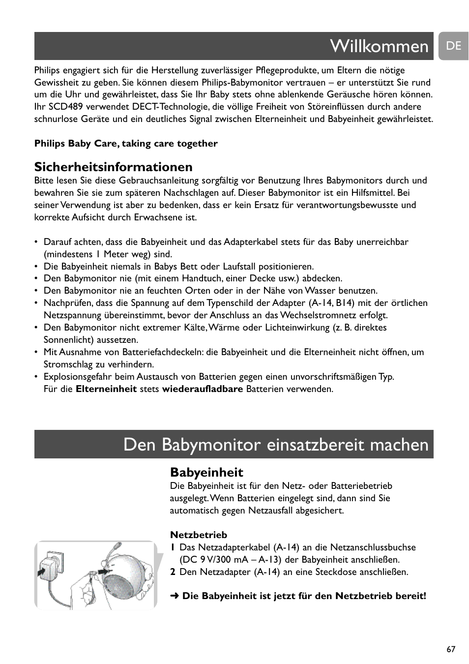 Willkommen den babymonitor einsatzbereit machen, Sicherheitsinformationen, Babyeinheit | Philips SCD489 User Manual | Page 67 / 244