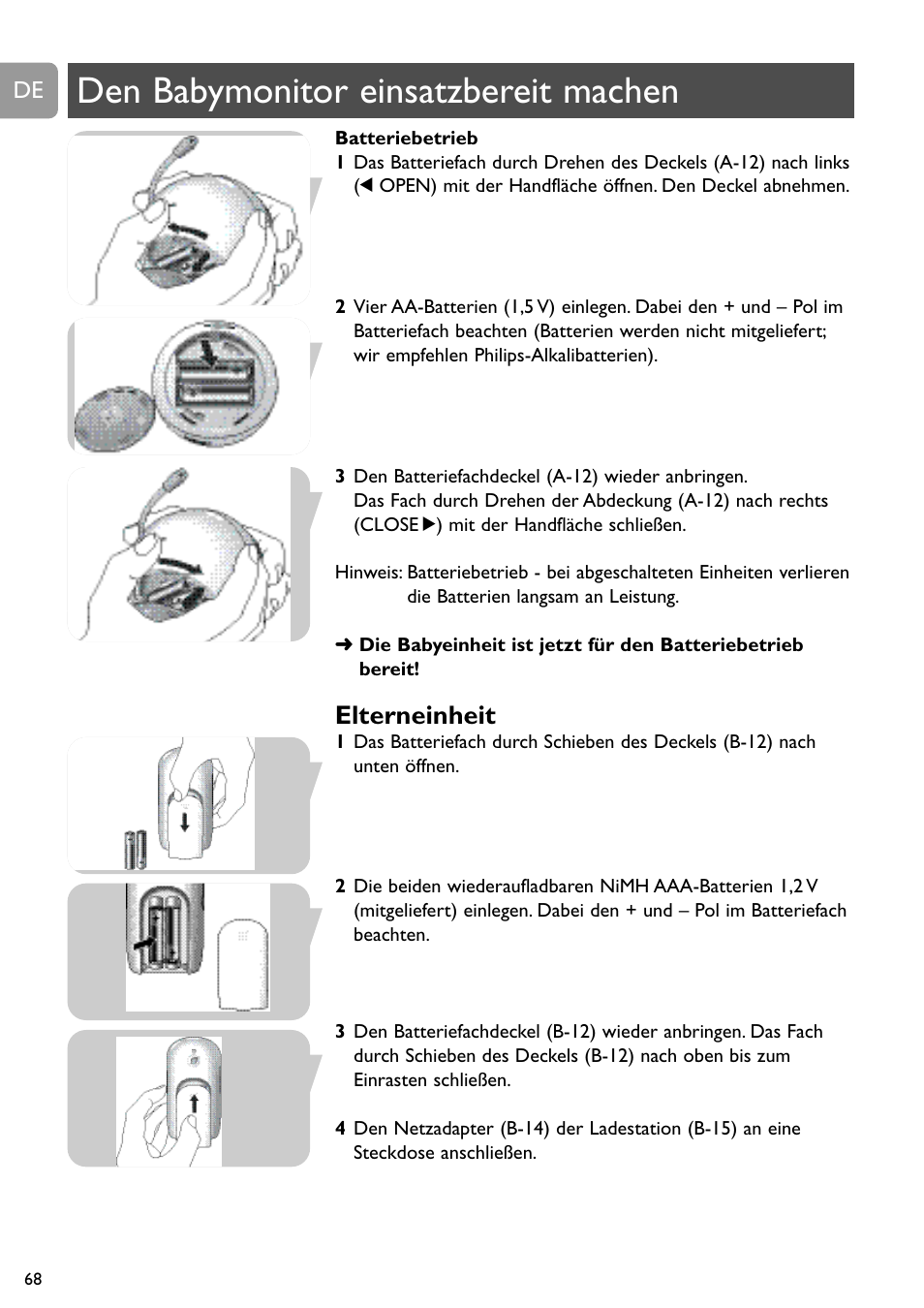 Den babymonitor einsatzbereit machen, Elterneinheit | Philips SCD489 User Manual | Page 68 / 244