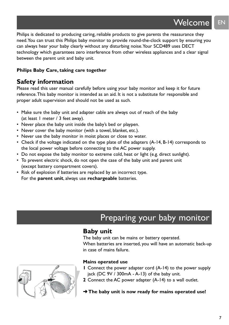 Welcome preparing your baby monitor, Safety information, Baby unit | Philips SCD489 User Manual | Page 7 / 244