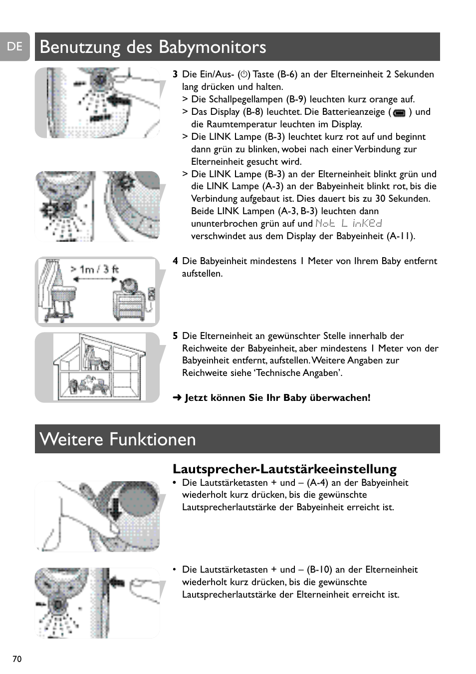 Benutzung des babymonitors weitere funktionen, Lautsprecher-lautstärkeeinstellung | Philips SCD489 User Manual | Page 70 / 244