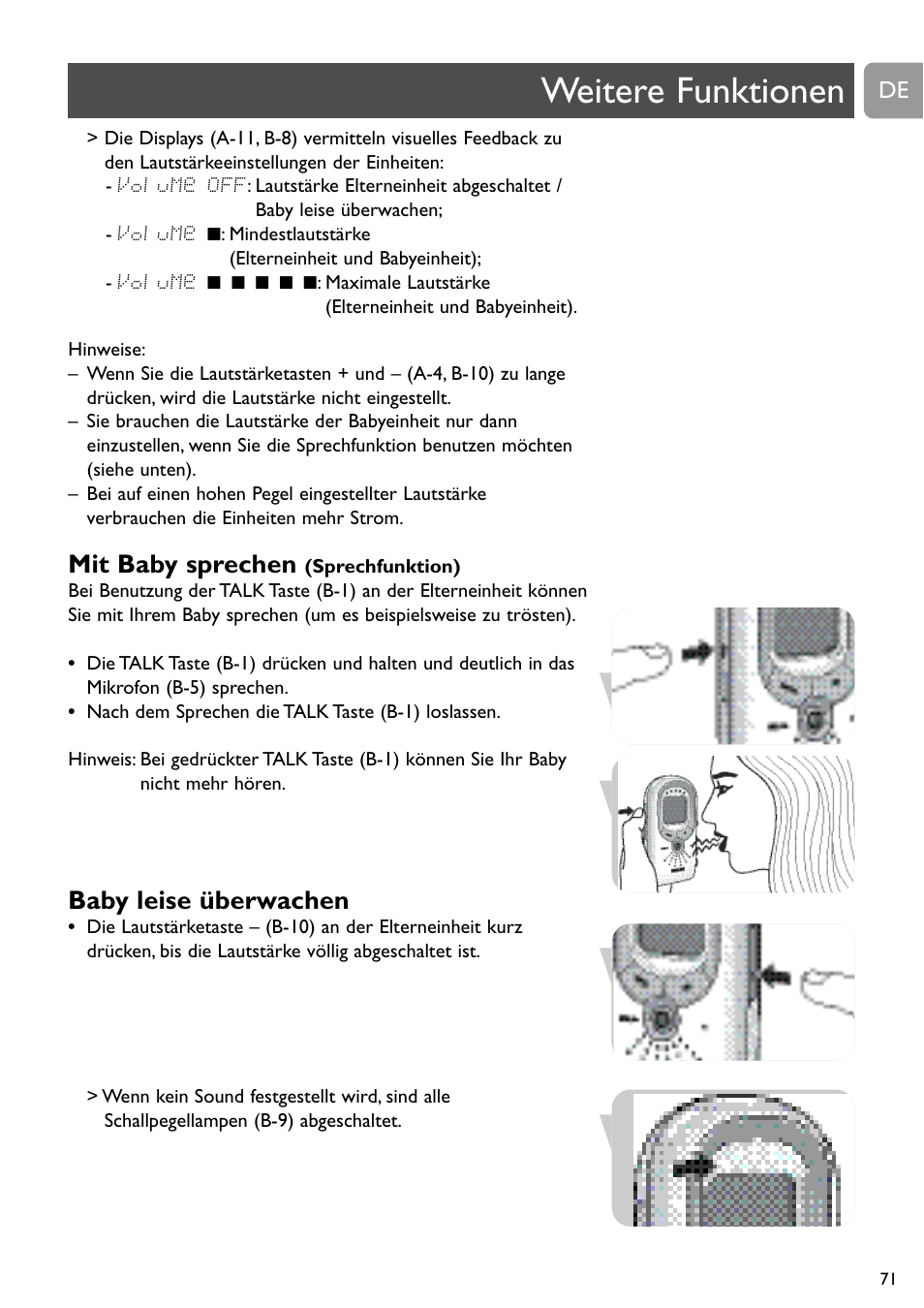 Weitere funktionen, Mit baby sprechen, Baby leise überwachen | Philips SCD489 User Manual | Page 71 / 244