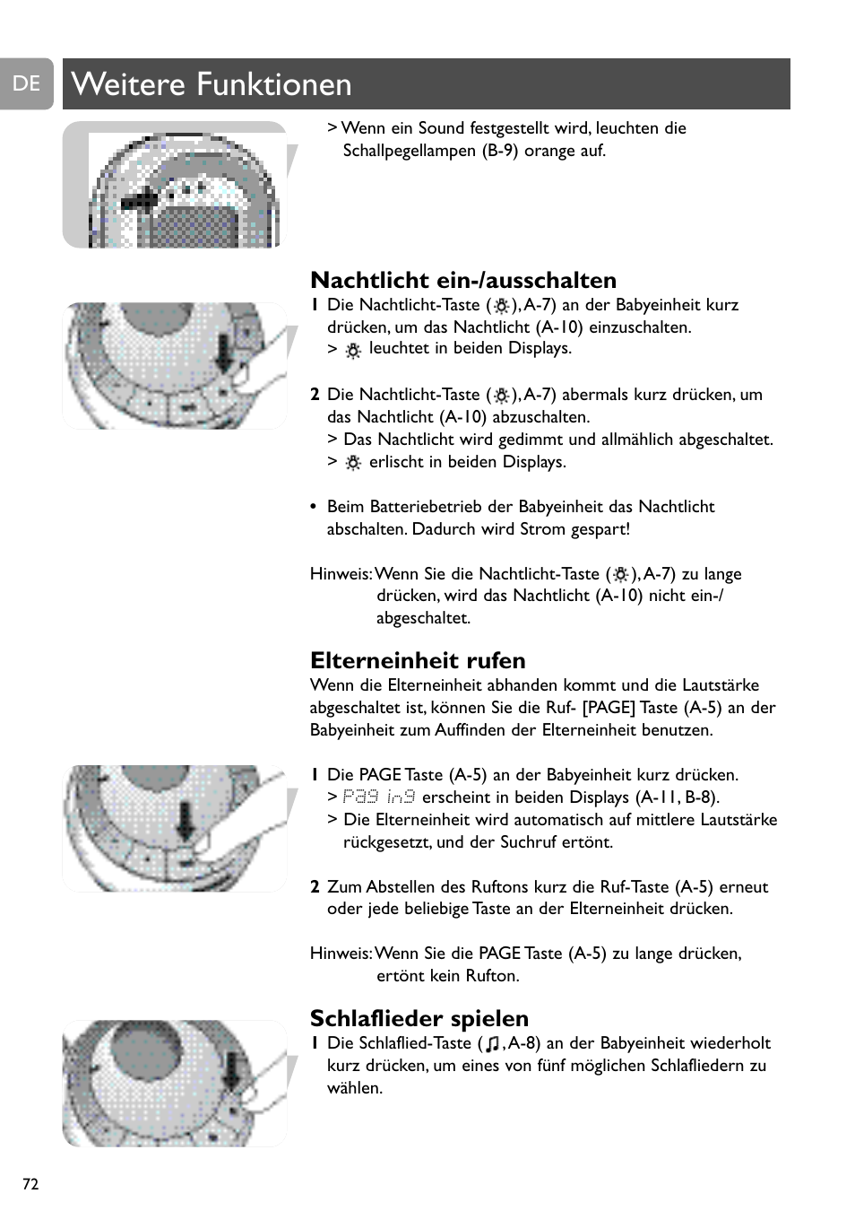 Weitere funktionen, Nachtlicht ein-/ausschalten, Elterneinheit rufen | Schlaflieder spielen | Philips SCD489 User Manual | Page 72 / 244